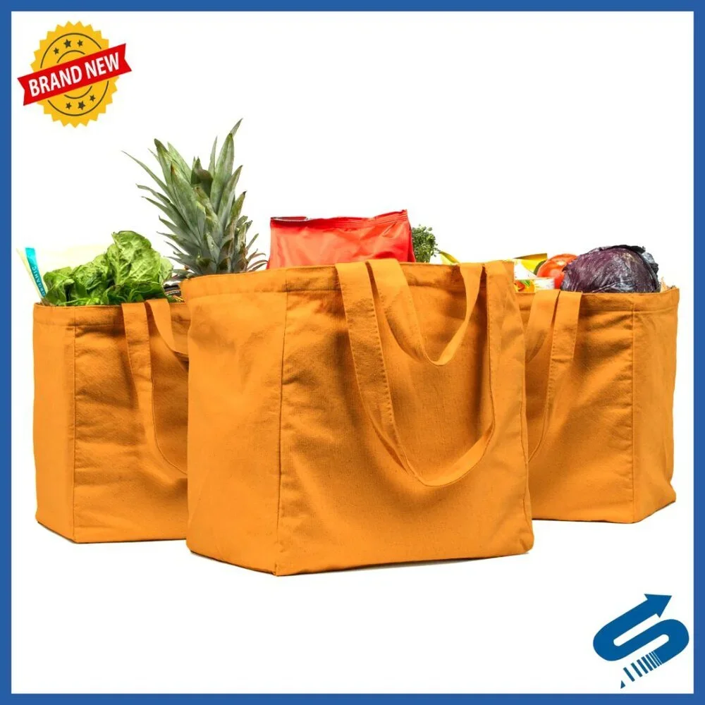 Heavy Duty Canvas Tote Set with Pockets Foldable Washable Grocery Bags